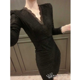 dress brukat lengan panjang model v-neck D1285