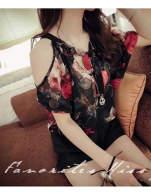 blouse chiffon lengan bolong motif bunga T1520