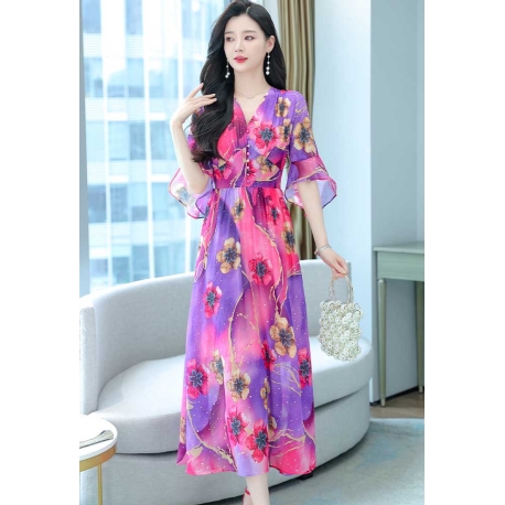 long dress wanita korea v-neck D8035