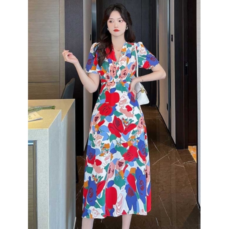 dress wanita korea v-neck motif bunga D8041