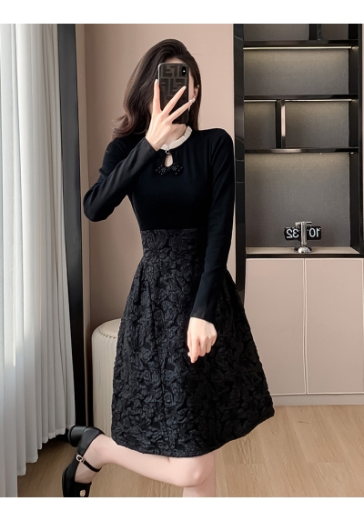 dress pesta hitam lengan panjang D8097