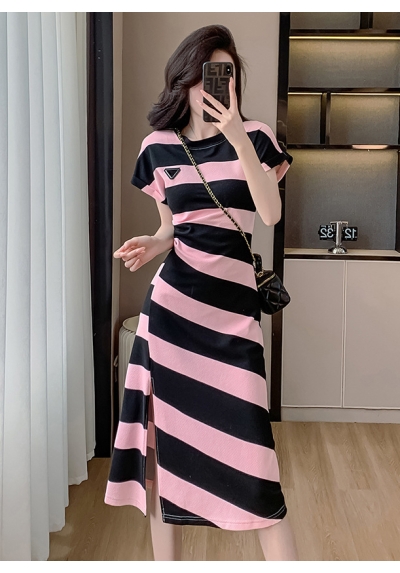 midi dress motif salur wanita import D8148