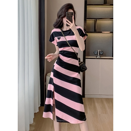 midi dress motif salur wanita import D8148