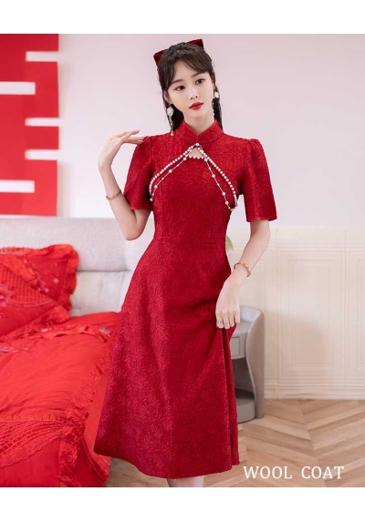 dress pesta merah wanita korea import D8159