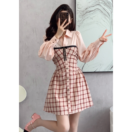 dress wanita korea motif kotak kotak D8189