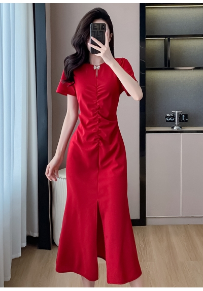 midi dress wanita korea merah D8225