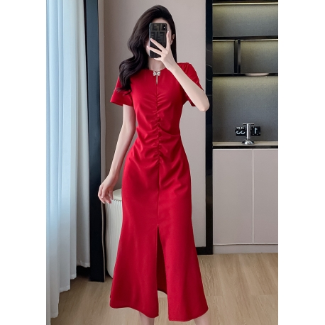 midi dress wanita korea merah D8225