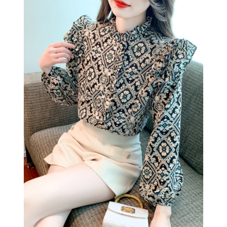 blouse wanita korea lengan panjang motif batik T8409