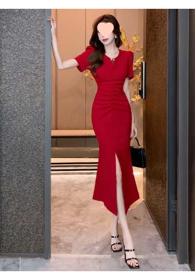 midi dress wanita korea merah D8225