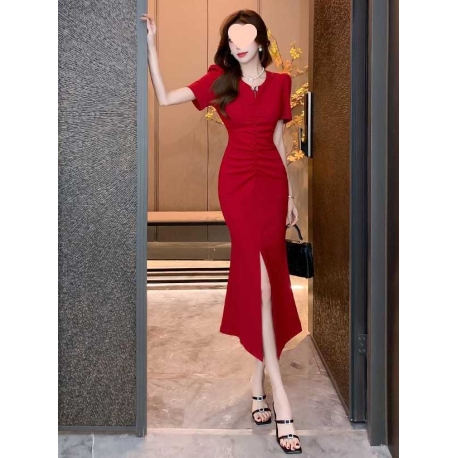 midi dress wanita korea merah D8225