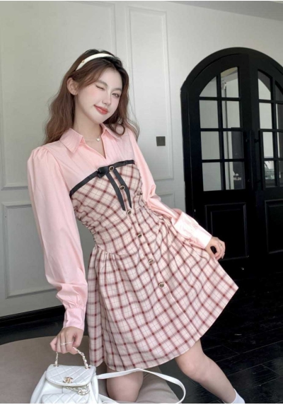 dress wanita korea lengan panjang berkerah D8271