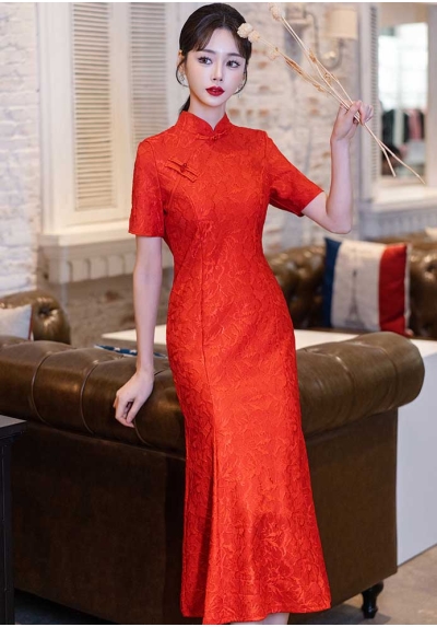 dress cheongsam merah import D8272