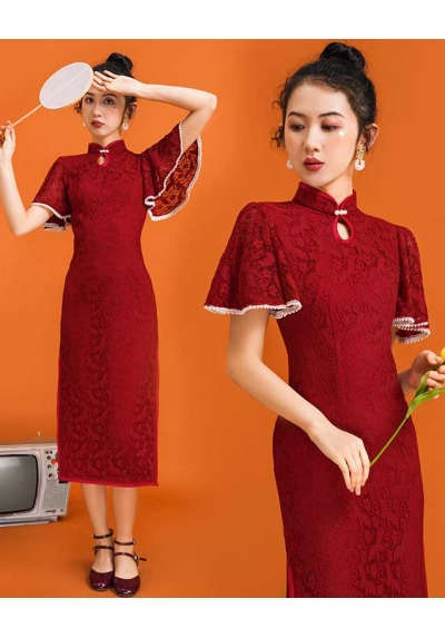 dress cheongsam brukat merah maroon import D8343