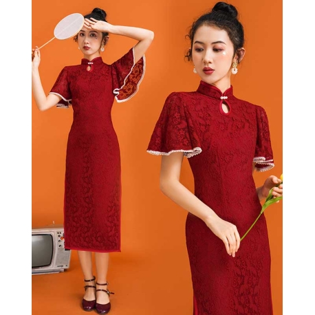 dress cheongsam merah import D8327