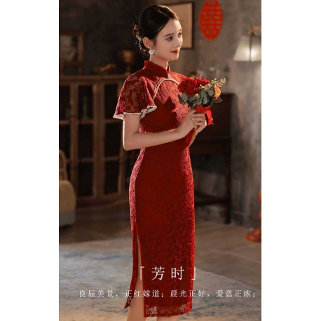 dress cheongsam brukat merah import D8306