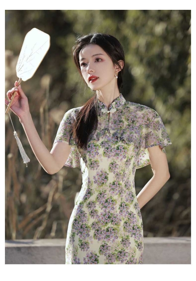 dress cheongsam import motif bunga D8348