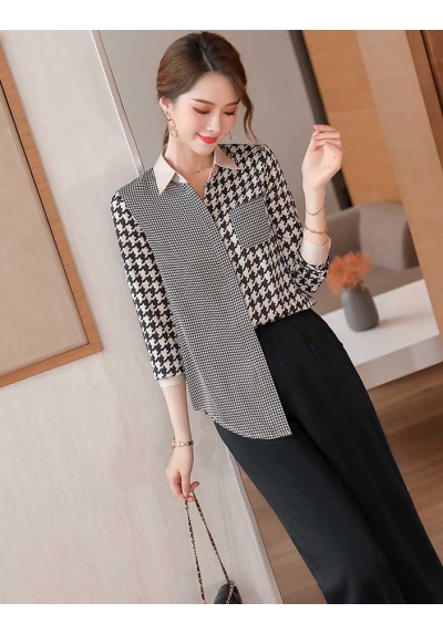 kemeja wanita korea motif houndstooth T8339