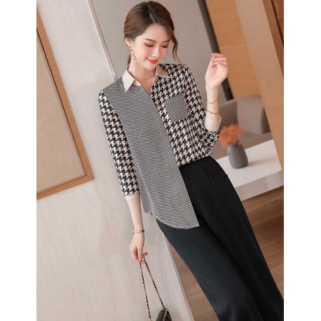 kemeja wanita korea motif houndstooth T8339